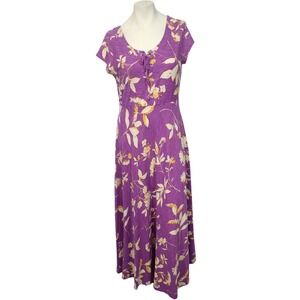 Chaps Womens Purple Floral Slub Knit Maxi Dress Lace Up Neck 100% Cotton Large